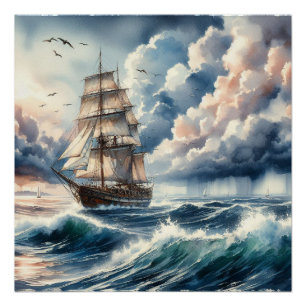 Pôster Aquarelas de Ondas do Oceano Azul