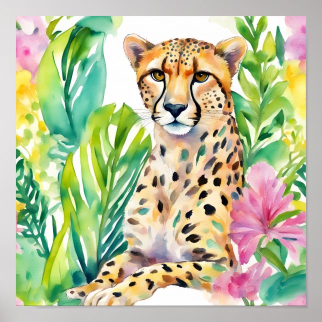 Poster Aquarelas Preppy Palm Beach Cheetah em Flores (Frente)