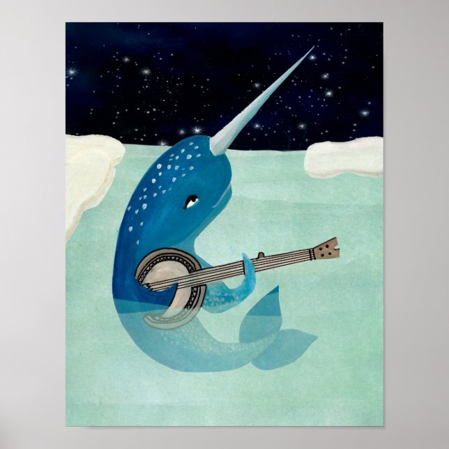 Pôster Aquarelle - Narwhal tocando Banjo (Frente)