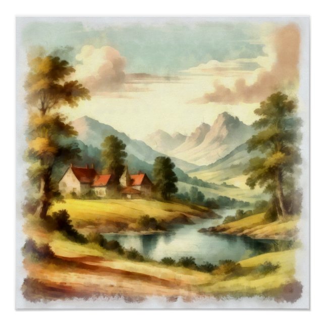Pôster Aquarelle, paysage de montagne (Frente)