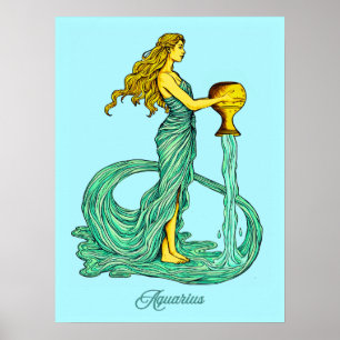 Poster Aquarius Zodiac Sinal, Mulher com Água Fluente