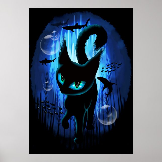 Poster Aquático - Gato Surreal na Fantasia do Oceano Prof (Frente)