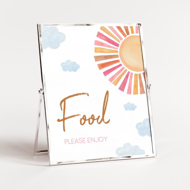 Poster Aqui Vem A Comida Da Chá de fraldas Sun Girl (Sunshine Baby Shower Food Sign)