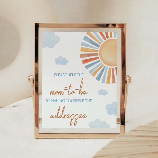 Poster Aqui Vem A Estação De Envelope Do Chá de fraldas S (Blue Boho Sunshine Baby Shower Envelope Station Sign)