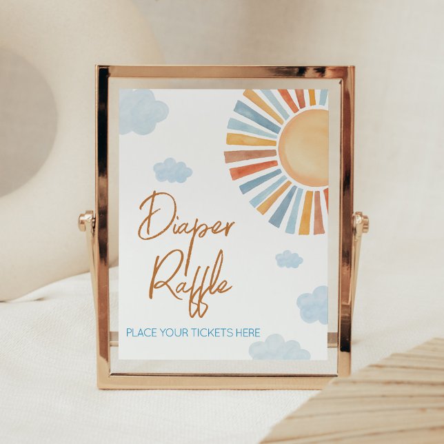 Poster Aqui Vem A Fralda Solar Raffle (Blue Boho Sunshine Baby Shower Diaper Raffle Sign)