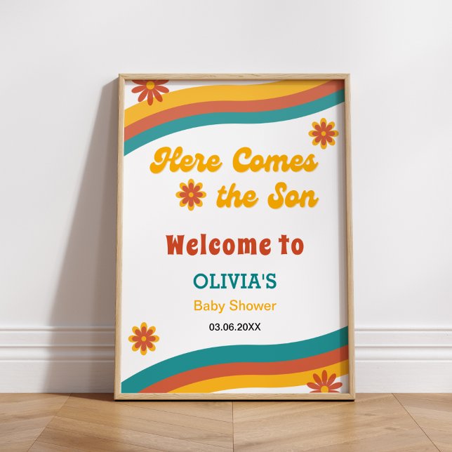 Poster Aqui vem o Chá de fraldas do Filho Retro Boy bem-v (Here Comes the Son Retro Boy Baby Shower Welcome Sign )