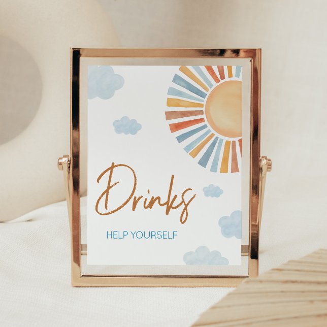 Poster Aqui Vem O Chá de fraldas Do Sol Bebe (Blue Boho Sunshine Baby Shower Drinks Sign)
