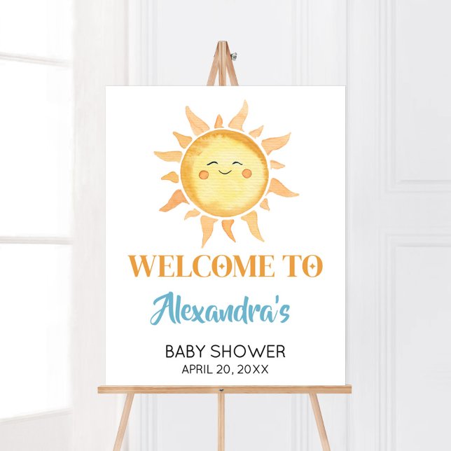 Poster Aqui vem o Chá de fraldas Sun Filho Cute Bem-vindo (Sunshine Here Comes the Son Baby Shower Welcome Sign)