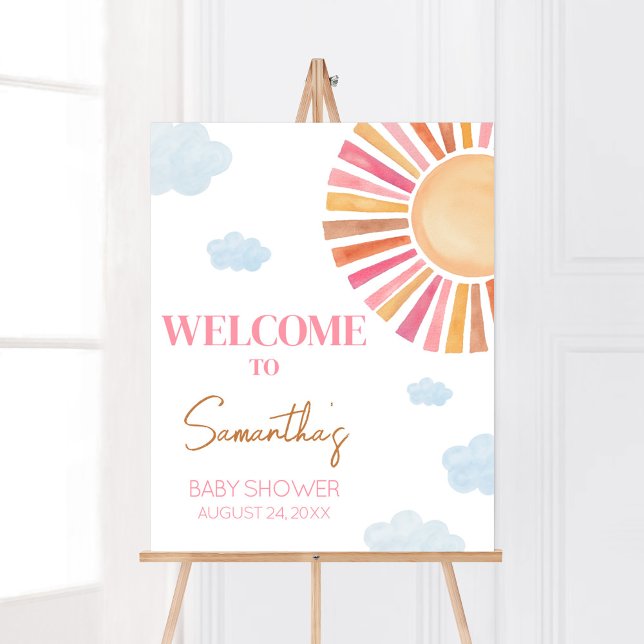 Poster Aqui Vem O Chá de fraldas Sun Girl Bem-Vindo (Sunshine Baby Shower Welcome Sign)