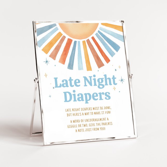Poster Aqui vem o filho Chá de fraldas de Fraldas noturna (Boho Sunshine Baby Shower Late Night Diapers Sign)