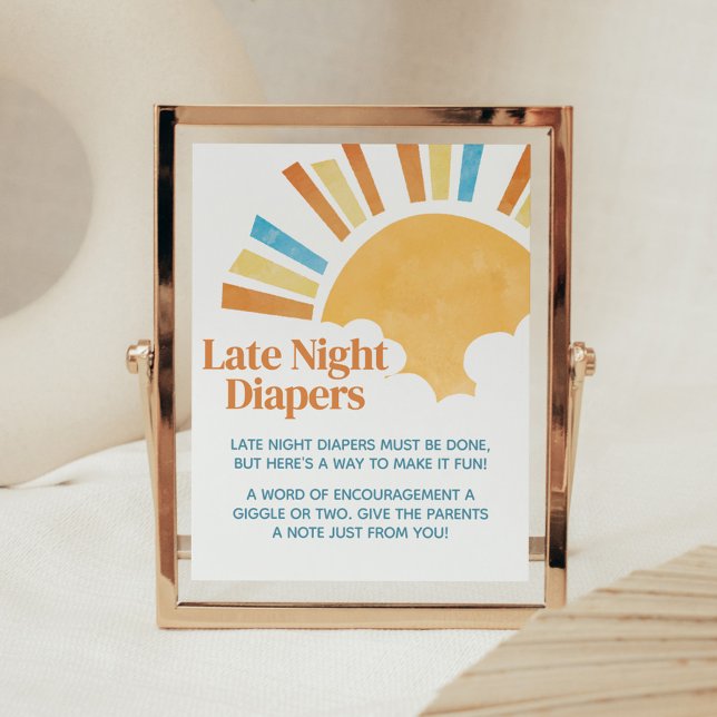 Poster Aqui vem o filho Chá de fraldas de Fraldas noturna (Here Comes the Son Baby Shower Late Night Diapers Sign)