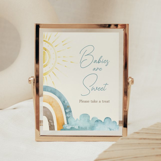 Poster Aqui vem o filho Retro Bebês são doces (Boho Here Comes The Sun Baby Shower Babies are Sweet Sign)