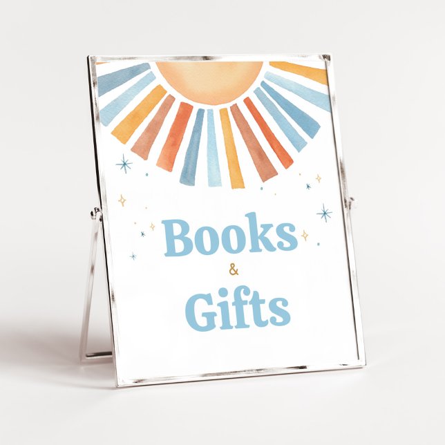 Poster Aqui vêm os Livros e Presentes do Filho Chá de fra (Boho Sunshine Baby Shower Books and Gifts Sign)