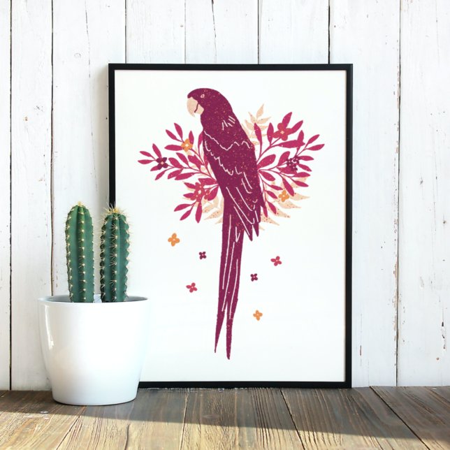 Poster Ara Parrot Burgundy Red Folhas Tropicais Desenhand (Criador carregado)