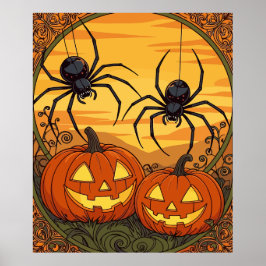 Poster Aranhas Art Nouveau em um campo Jack O Lanterna