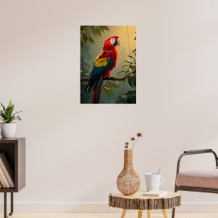 Poster Arara-escarlate na selva solar - Pássaro Tropical