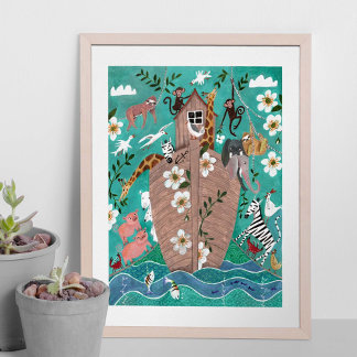 Poster Arca de Noé infantil azul turquesa fofa