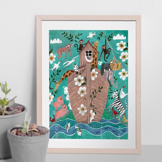 Poster Arca de Noé infantil azul turquesa fofa para crian (Criador carregado)