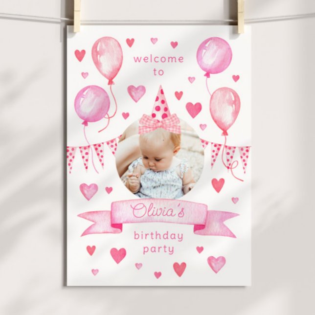 Poster Arco Coquette Rosa Chapéu de Aniversário Festa de  (pink coquette birthday party welcome poster with custom photo and movable bow hat)