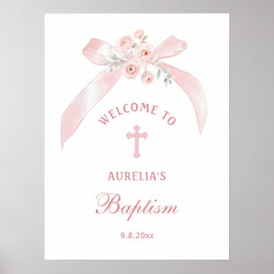 Poster Arco de Batismo Rosa Floral de Boas-Vindas