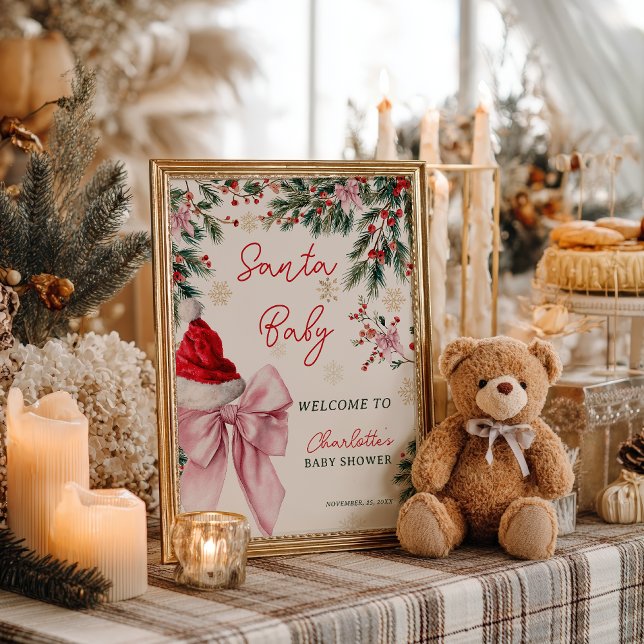 Poster Arco de Natal Coquette Bow Santa Baby Chamada de M (Christmas Coquette Bow Santa Baby Shower Welcome Poster)