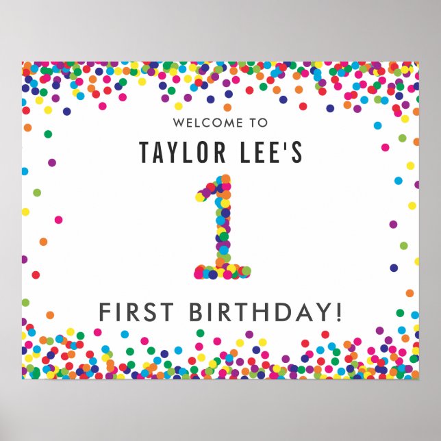 Poster Arco-Íris 1 ano Festa de aniversário bem-vindo (Frente)
