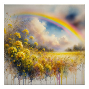Pôster Arco-Íris Aquarela Sobre Prados De Flores Selvagen