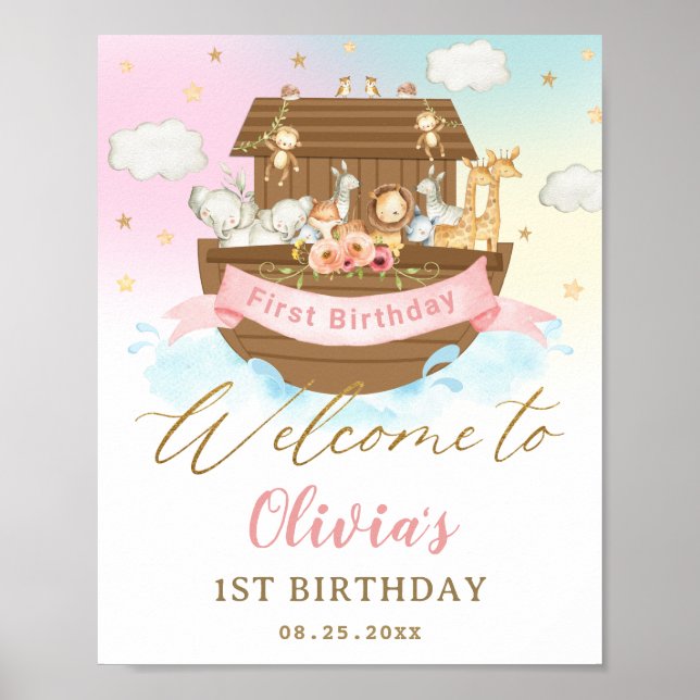 Poster Arco-íris Chic de Bordo de Noé Menina 1º Aniversár (Frente)