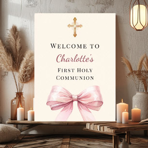 Poster Arco-íris rosa marfim bem-vinda à Primeira Comunhã