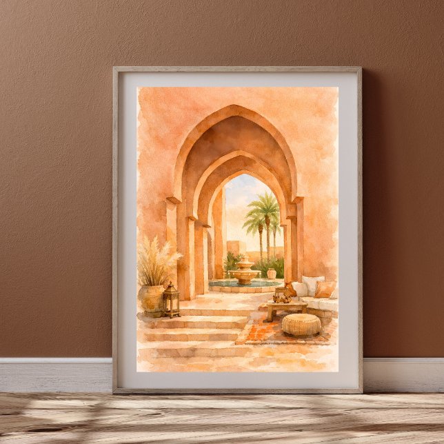 Poster Arco Marroquino em Aquarela Riad com Fonte (Criador carregado)