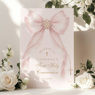 Poster Arco Rosa Bege Primeiro Sagrada Comunhão Bem-vindo
