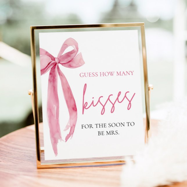 Poster Arco Rosa Elegante Adivinhe Quantos Beijos Jogo (Elegant Blush Pink Bow Guess How Many Kisses Game Sign)