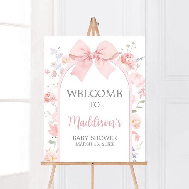 Poster Arco Rosa Floral Bebê com Sinal de Boas-vindas (Pink Bow Baby in Bloom Baby Shower Welcome Sign)