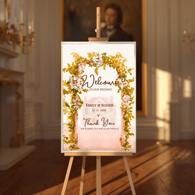 Poster Arco Rústico de Jardim Bem-Vindo ao Casamento no C (Rustic Garden Arch Wedding Welcome Sign Elegant Watercolor Floral Countryside Wedding Poster)
