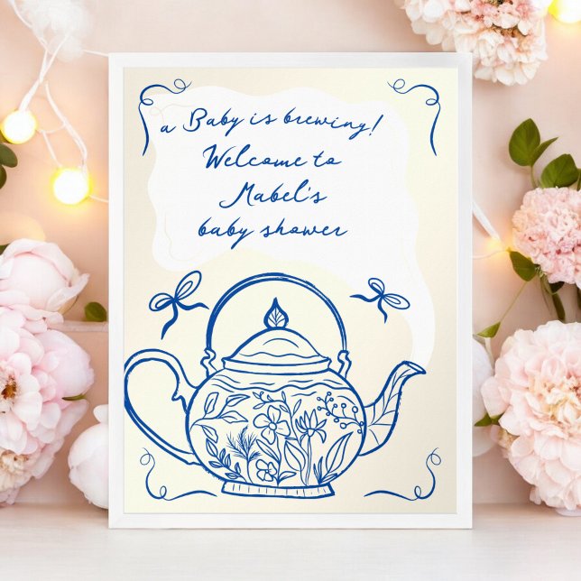 Poster Arcos azuis retro bule chá de fraldas bem-vindo (Retro blue bows teapot baby shower welcome poster)