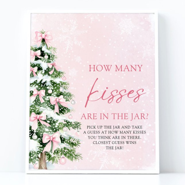 Poster Arcos de Natal Adivinham Quantos Chás de fraldas D (Pink Bows Christmas Guess How Many Kisses Baby Shower Sign)