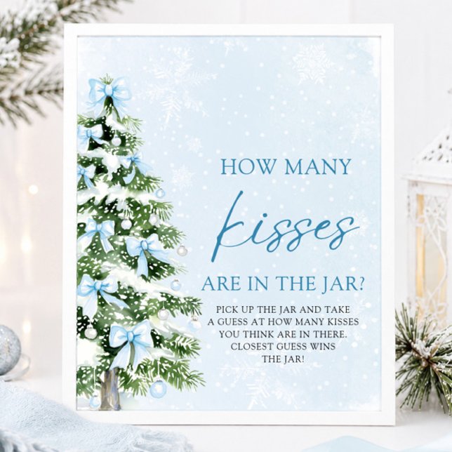 Poster Arcos de Natal Adivinhe Quantos Beijos Chás de Beb (Blue Bows Christmas Guess How Many Kisses Baby Shower Game Sign)