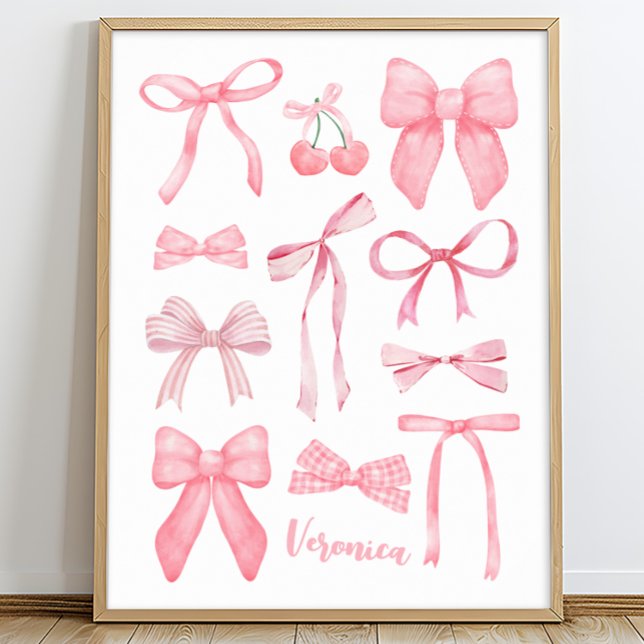 Poster Arcos rosa-menina bonitinho e estética coqueteiros (Coquette poster, coquette wall art, pink bow poster, personalized cute girly aesthetic art print)