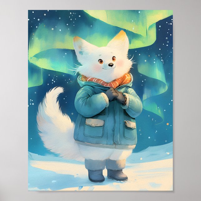 Poster Arctic Fox With Aurora Borealis Nursery Wall Art  (Frente)