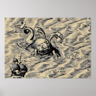 Poster Arctic Sea Monster & Sailing Ship Sepia World Map