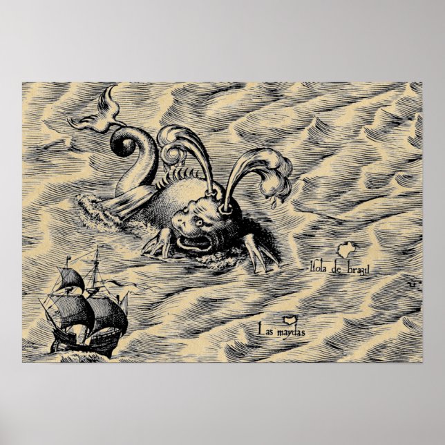 Poster Arctic Sea Monster & Sailing Ship Sepia World Map (Frente)