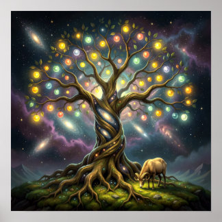 Poster Áries e Árvore da Vida Entre Estrelas e Galáxias