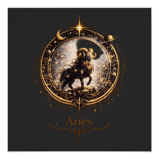 Pôster Aries Zodiac Sign Celestial Ram–Mystical Astrology (Frente)