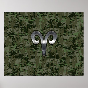 Pôster Aries Zodiac Sign on Woodland Green Digital Camo