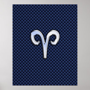 Poster Aries Zodiac Sinal no Marinho Azul Fibra de Carbon