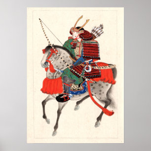 Poster armadura e capacete de chifre, Samurai em cavalo