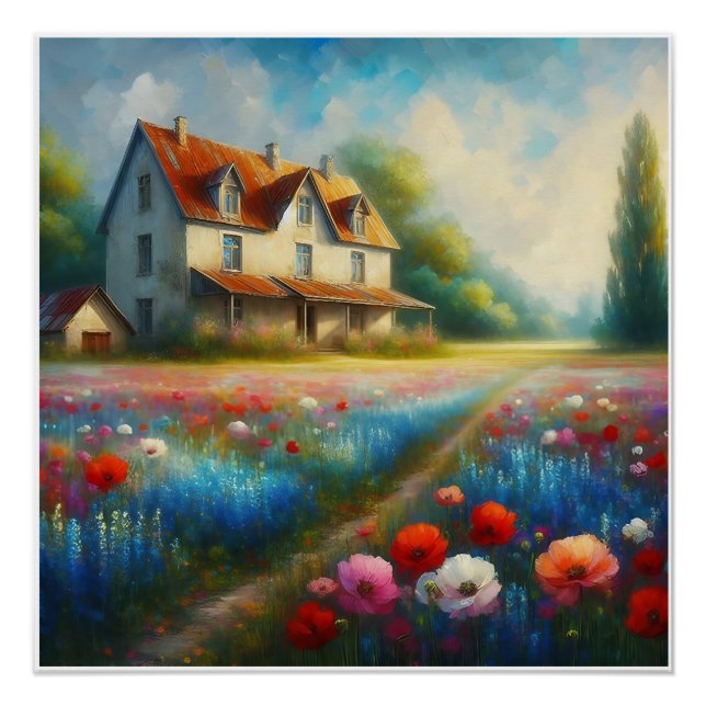 Pôster Armazém num campo de flores (Frente)