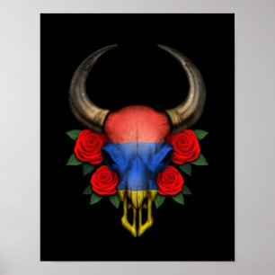 Poster Armênio Flag Bull Skull com Rosas vermelhas