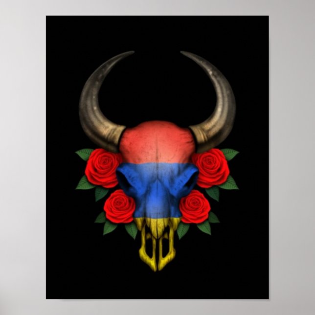 Poster Armênio Flag Bull Skull com Rosas vermelhas (Frente)