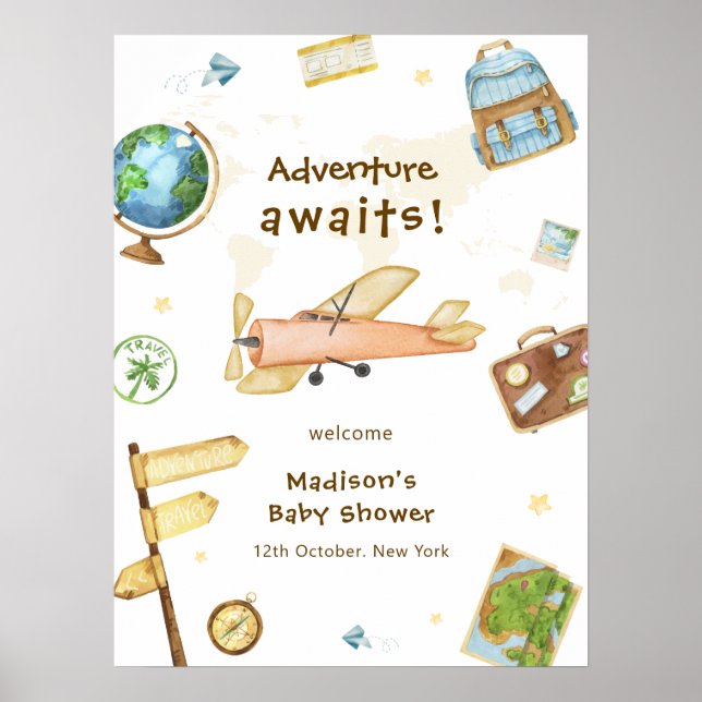Poster Around The World Airplane Baby Shower Welcome  (Frente)
